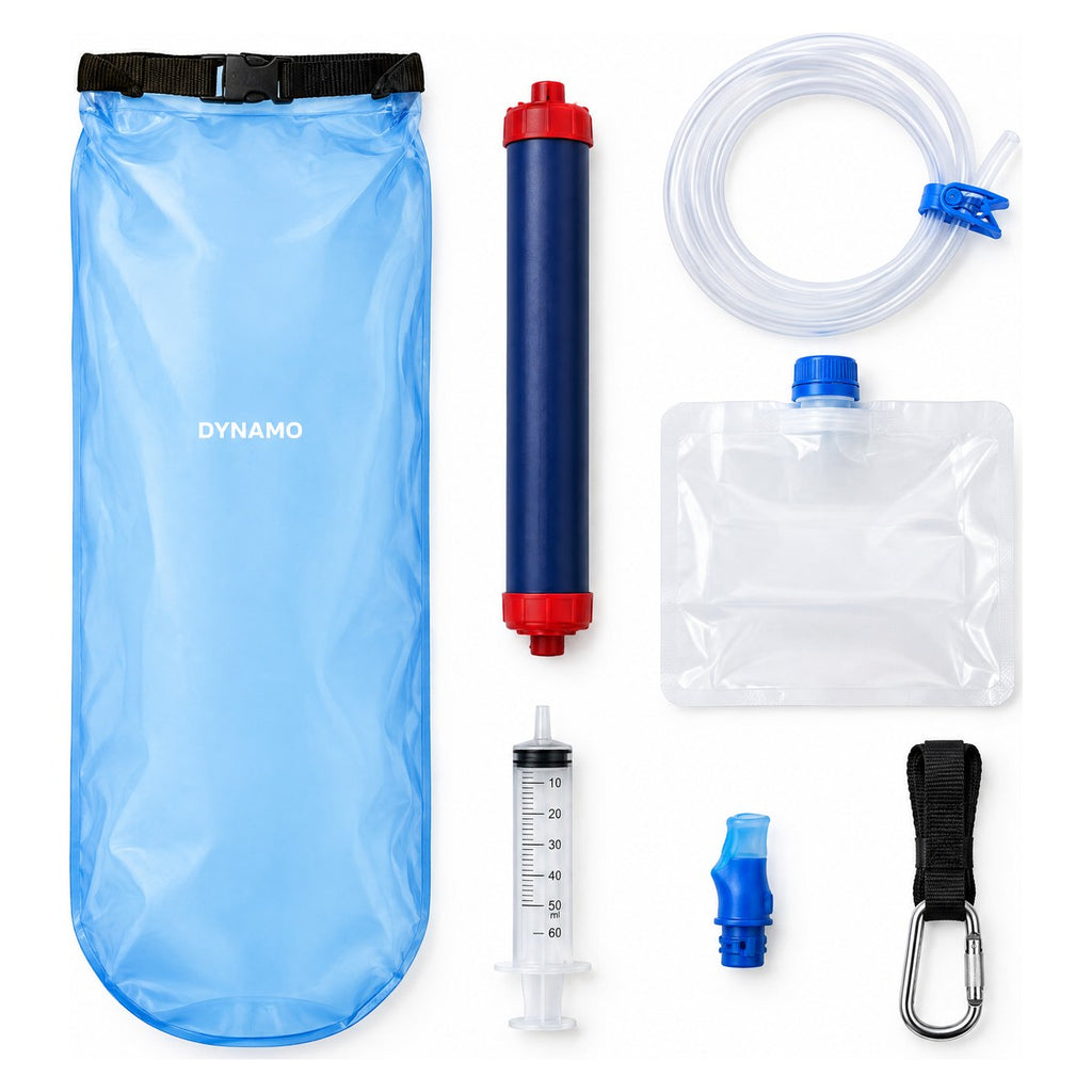 DYNAMO Schwerkraft-Wasserfilter Set: Wasserbeutel, Filter, Schlauch, Auffangbeutel, Spritze, Mundstück, Gurt mit Karabiner