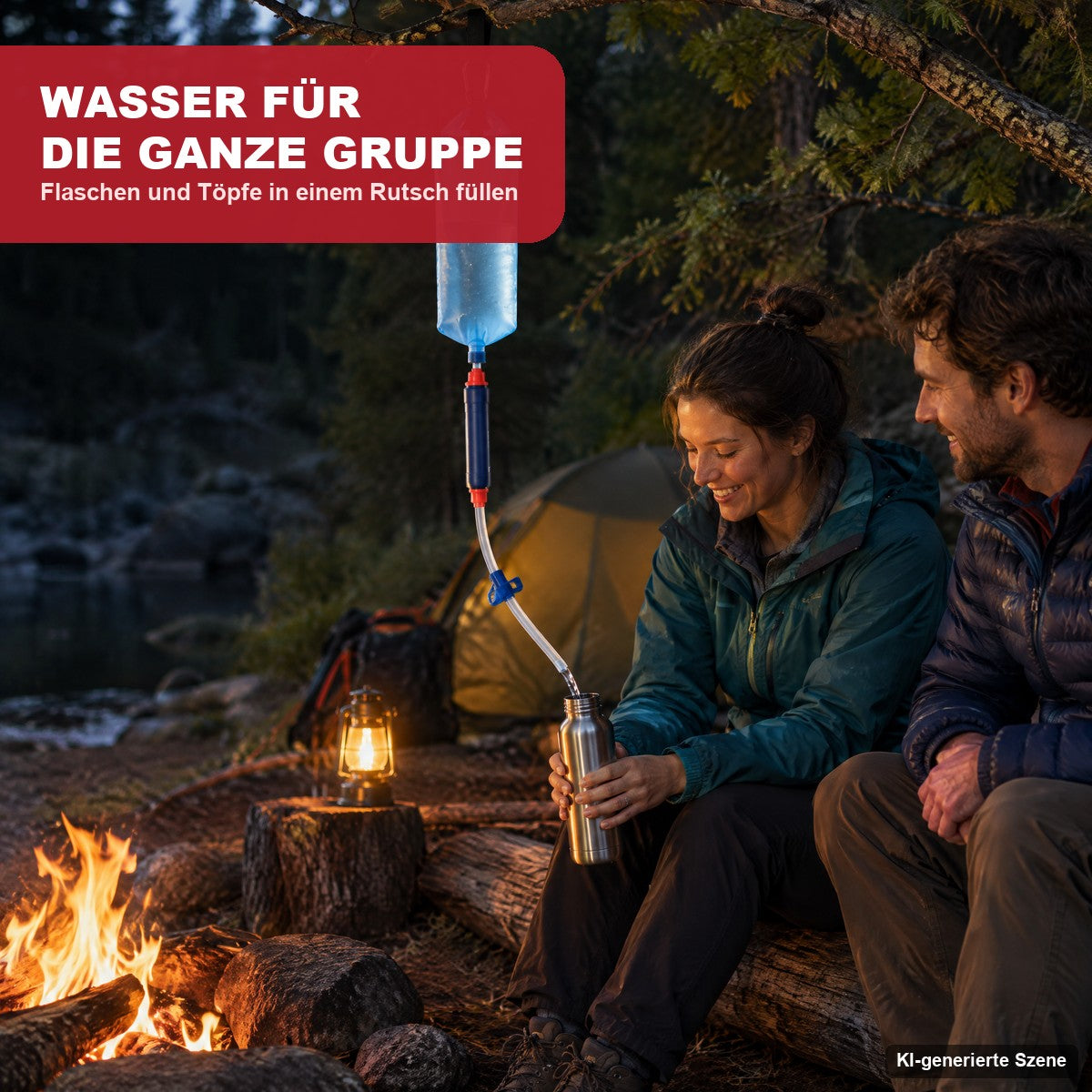 Zwei Personen am Lagerfeuer füllen eine Trinkflasche am aufgehängten Schwerkraft-Wasserfilter (KI-generierte Szene)