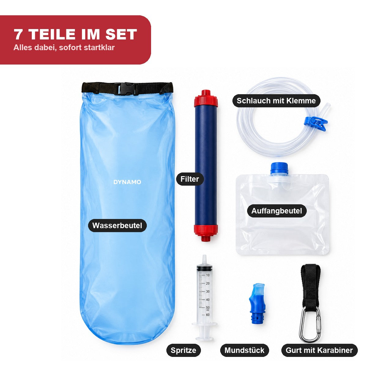 Lieferumfang: Wasserbeutel, Filter, Schlauch mit Klemme, Auffangbeutel, Spritze, Mundstück, Gurt mit Karabiner